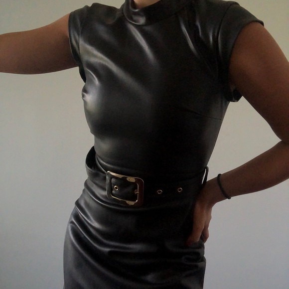 high neck faux leather dress Thalassa Faux Leather Midi Dress ‍ ️Mermaid Way Brown / L main image 0